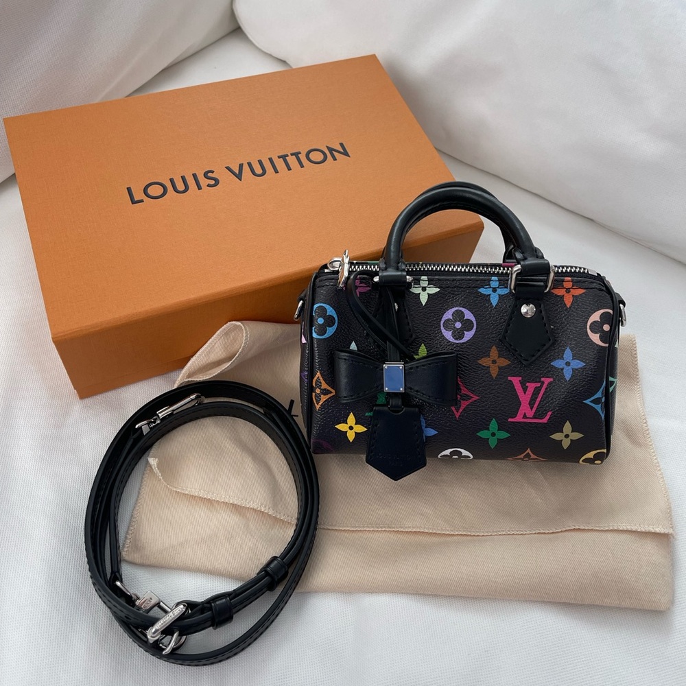 Louis Vuitton iconic Murakami black multicolored nano speedy with strap